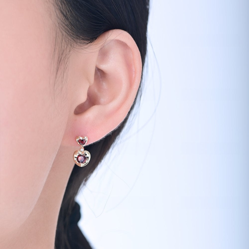 SPARKLD 9ct Yellow Gold Diamond and Garnet Heart Drop Earrings