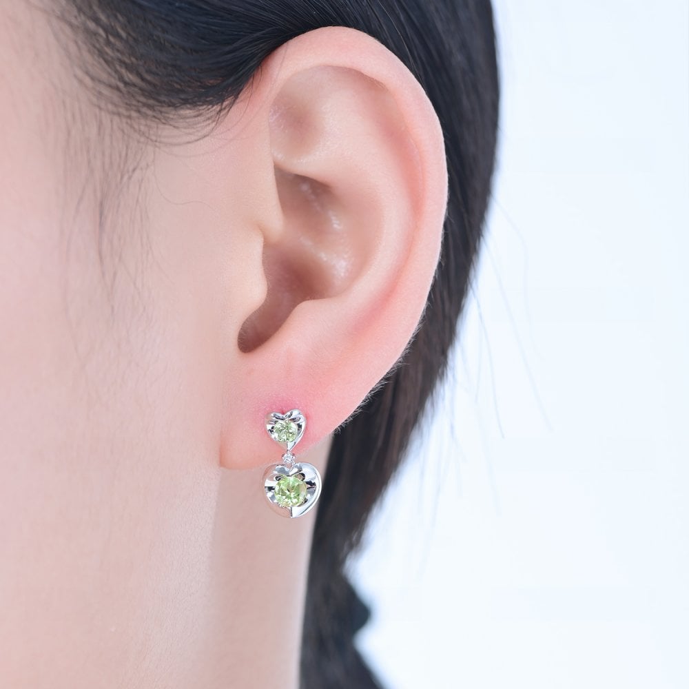 SPARKLD 9ct White Gold Diamond and Peridot Heart Drop Earrings