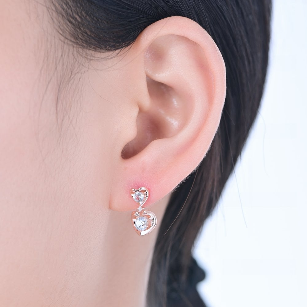 SPARKLD 9ct Rose Gold Diamond and White Topaz Heart Drop Earrings
