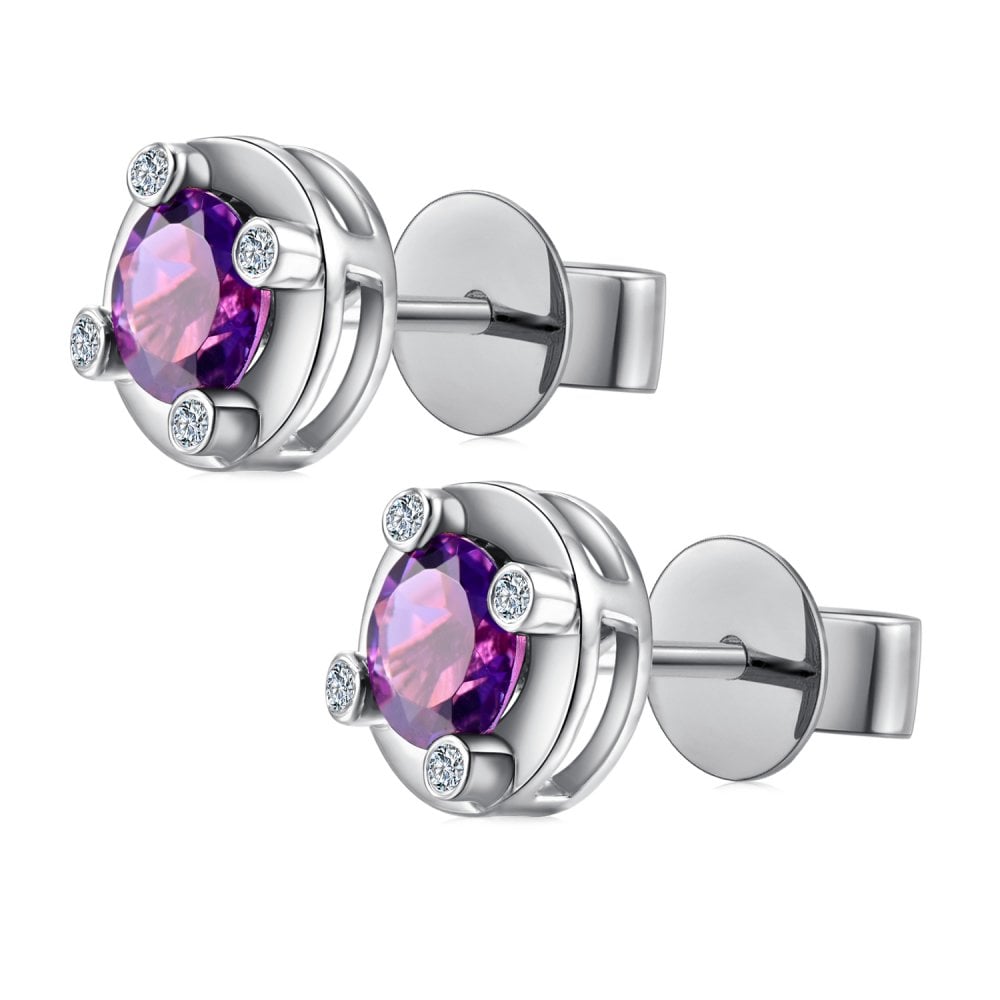 SPARKLD 9ct White Gold Diamond and Amethyst Stud Earrings