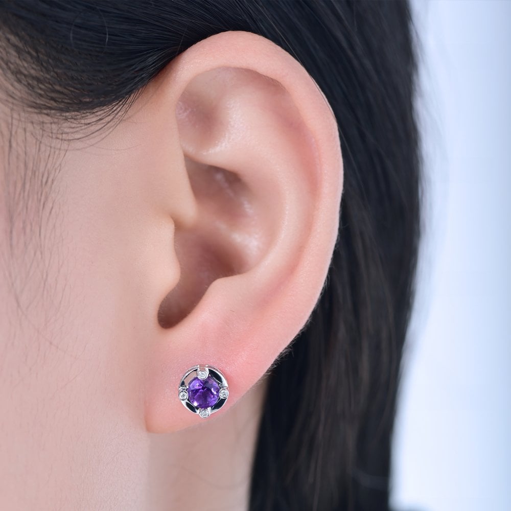 SPARKLD 9ct White Gold Diamond and Amethyst Stud Earrings