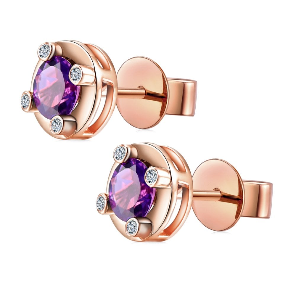 SPARKLD 9ct Rose Gold Diamond and Amethyst Stud Earrings