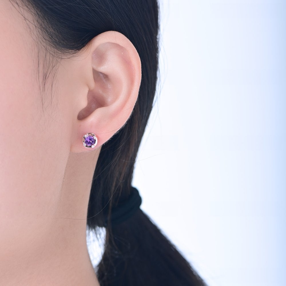 SPARKLD 9ct Rose Gold Diamond and Amethyst Stud Earrings