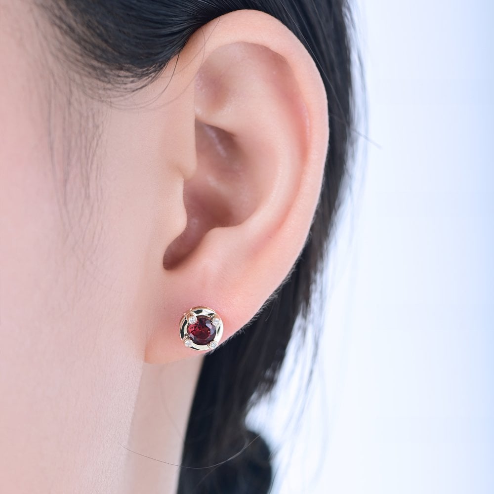 SPARKLD 9ct Yellow Gold Diamond and Garnet Stud Earrings