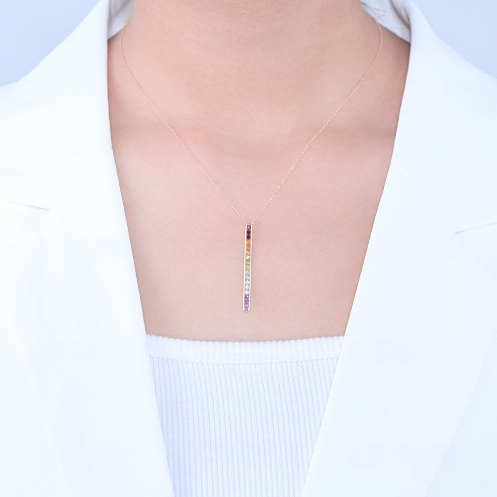 SPARKLD 9ct Yellow Gold Multi Gem Stick Necklace