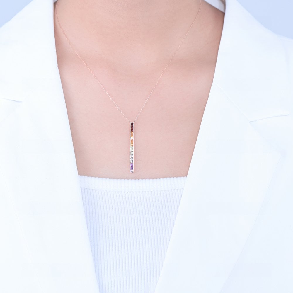 SPARKLD 9ct Rose Gold Multi Gem Stick Necklace