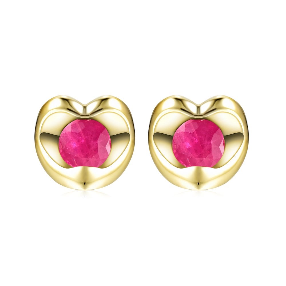 SPARKLD 9ct Yellow Gold Ruby Heart Stud Earrings
