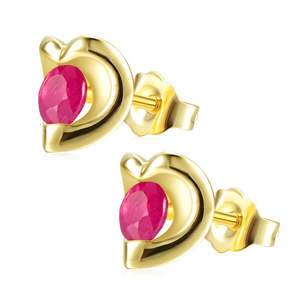 SPARKLD 9ct Yellow Gold Ruby Heart Stud Earrings