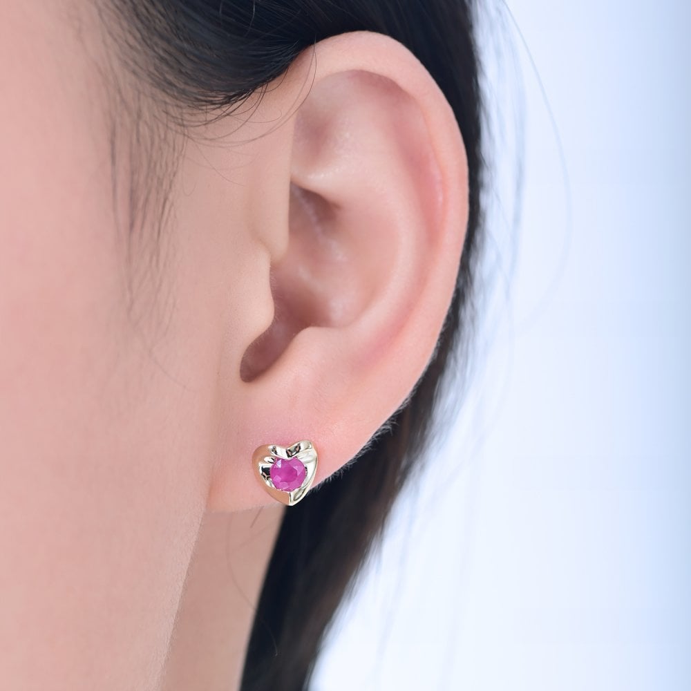 SPARKLD 9ct Yellow Gold Ruby Heart Stud Earrings