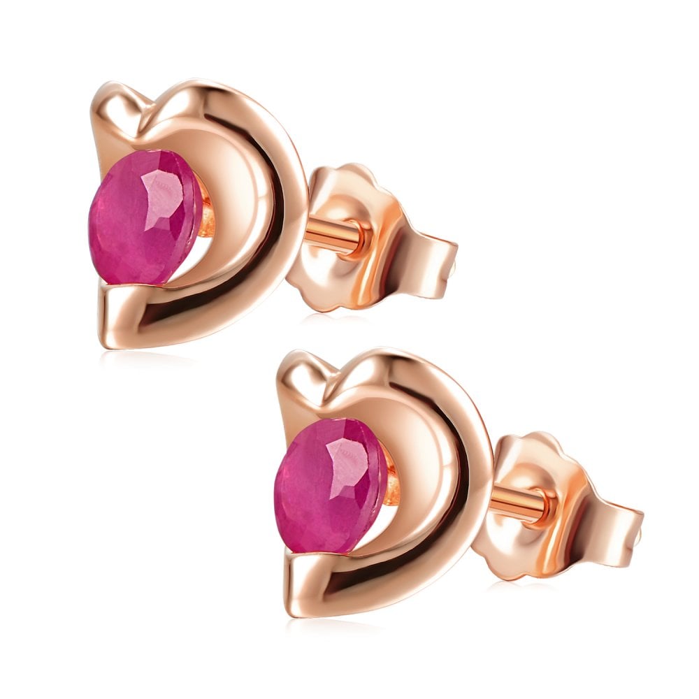 SPARKLD 9ct Rose Gold Ruby Heart Stud Earrings