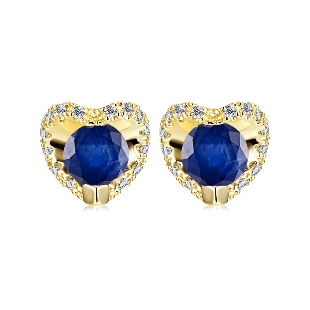 SPARKLD 9ct Yellow Gold Diamond and Sapphire Heart Stud Earrings