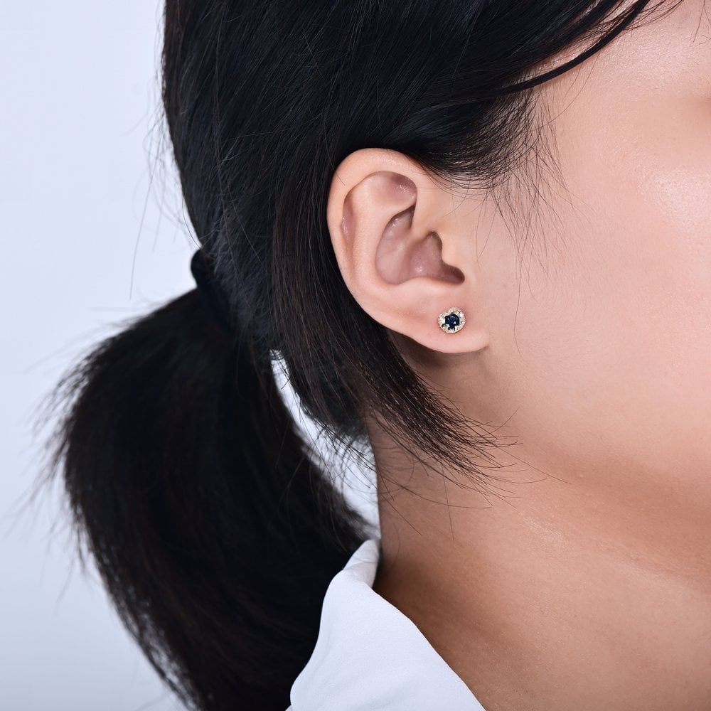 SPARKLD 9ct Yellow Gold Diamond and Sapphire Heart Stud Earrings