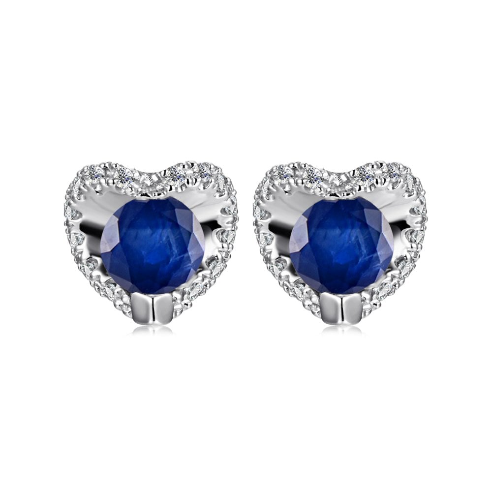 SPARKLD 9ct White Gold Diamond and Sapphire Heart Stud Earrings