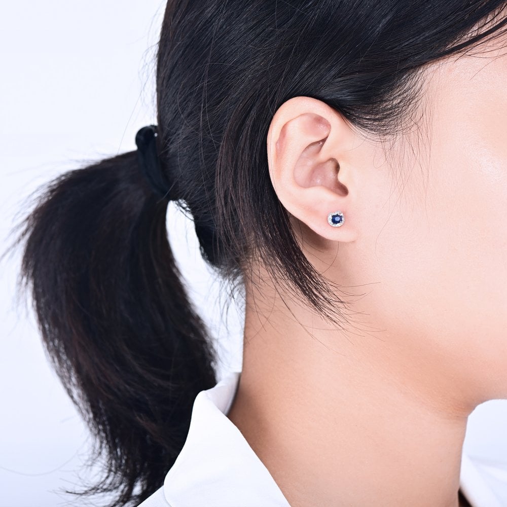 SPARKLD 9ct White Gold Diamond and Sapphire Heart Stud Earrings