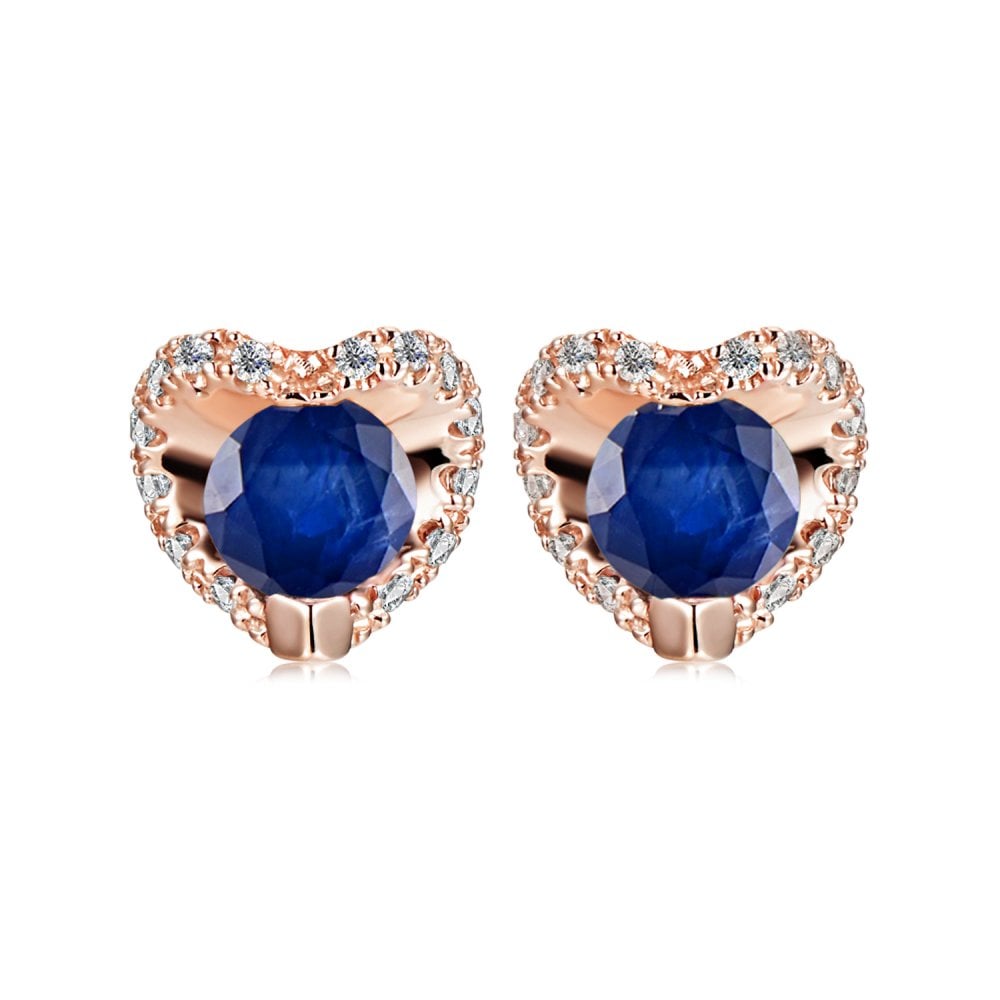SPARKLD 9ct Rose Gold Diamond and Sapphire Heart Stud Earrings