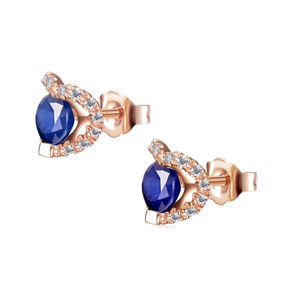 SPARKLD 9ct Rose Gold Diamond and Sapphire Heart Stud Earrings