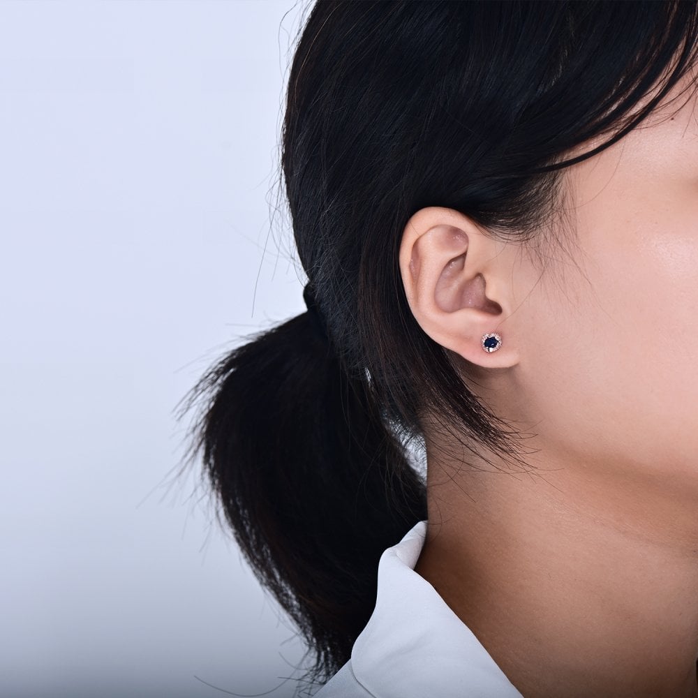 SPARKLD 9ct Rose Gold Diamond and Sapphire Heart Stud Earrings