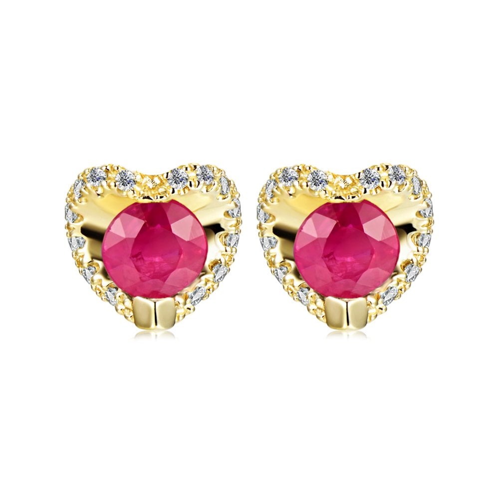 SPARKLD 9ct Yellow Gold Diamond and Ruby Heart Stud Earrings