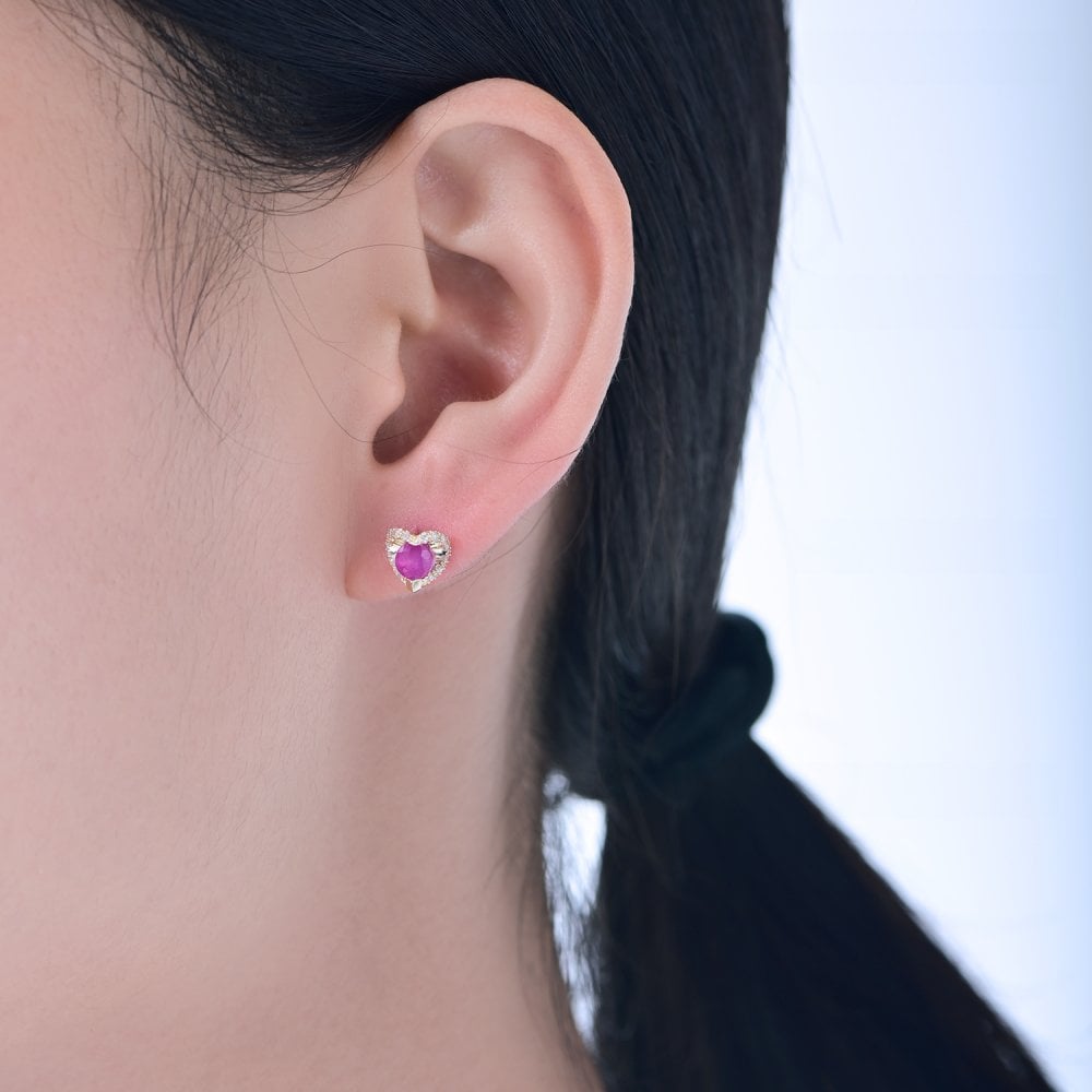 SPARKLD 9ct Yellow Gold Diamond and Ruby Heart Stud Earrings
