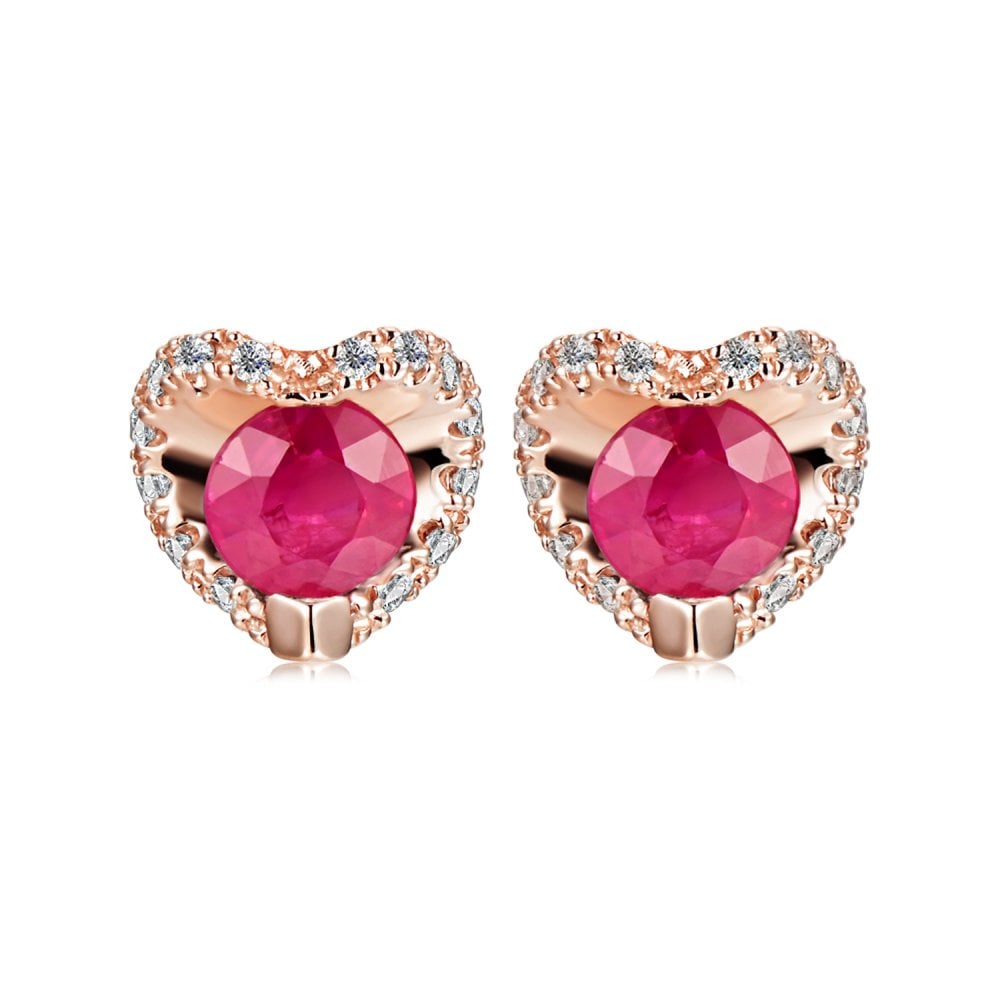 SPARKLD 9ct Rose Gold Diamond and Ruby Heart Stud Earrings