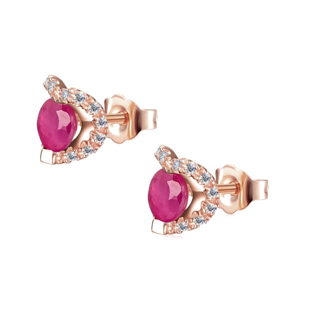 SPARKLD 9ct Rose Gold Diamond and Ruby Heart Stud Earrings