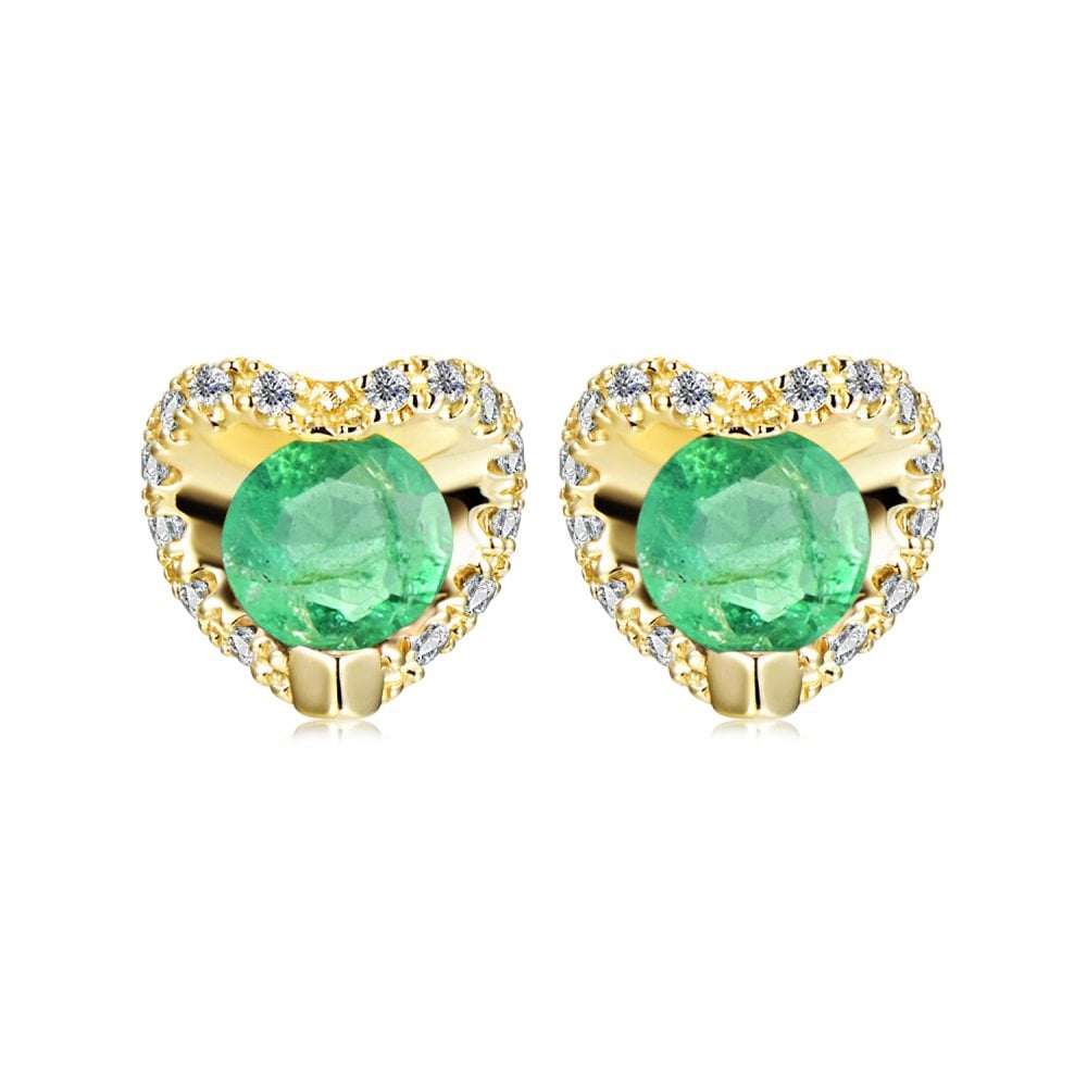 SPARKLD 9ct Yellow Gold Diamond and Emerald Heart Stud Earrings