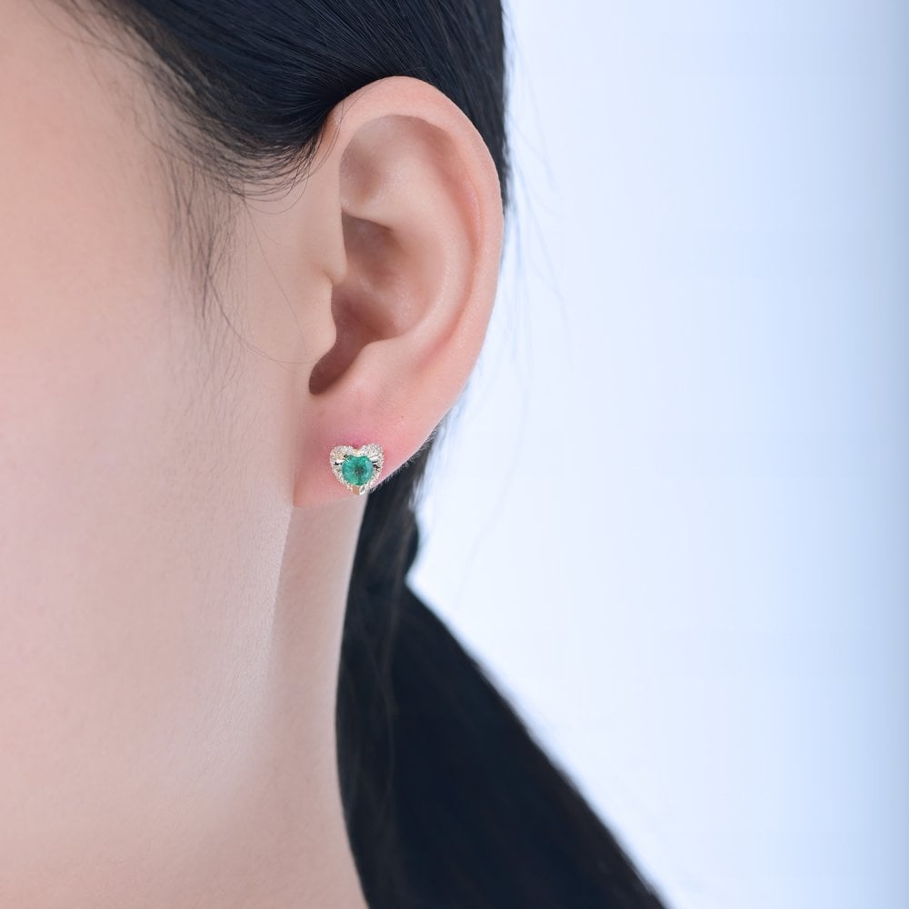 SPARKLD 9ct Yellow Gold Diamond and Emerald Heart Stud Earrings