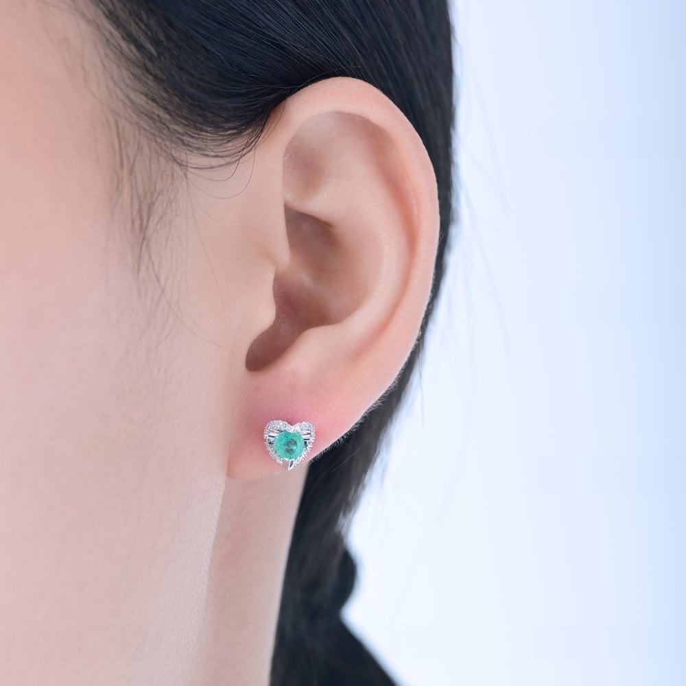 SPARKLD 9ct White Gold Diamond and Emerald Heart Stud Earrings