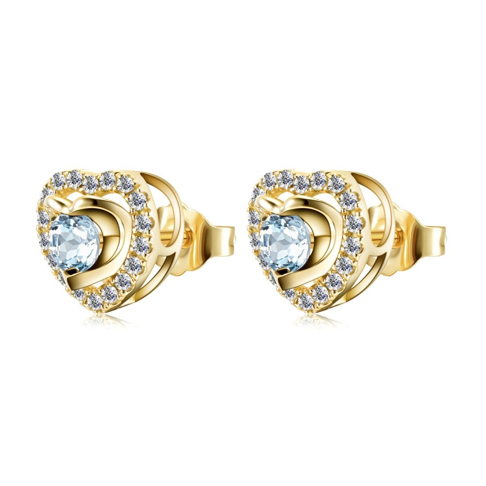 SPARKLD 9ct Yellow Gold Diamond and Blue Topaz Heart Stud Earrings