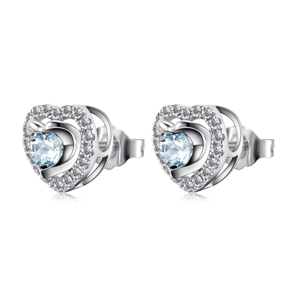 SPARKLD 9ct White Gold Diamond and Blue Topaz Heart Stud Earrings