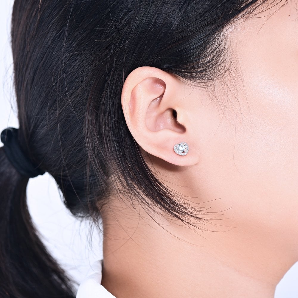 SPARKLD 9ct White Gold Diamond and Blue Topaz Heart Stud Earrings