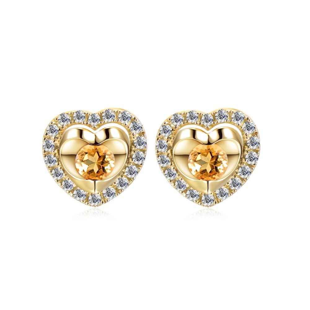 SPARKLD 9ct Yellow Gold Diamond and Citrine Heart Stud Earrings