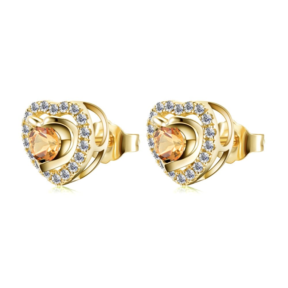 SPARKLD 9ct Yellow Gold Diamond and Citrine Heart Stud Earrings