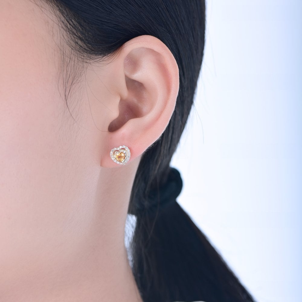 SPARKLD 9ct Yellow Gold Diamond and Citrine Heart Stud Earrings