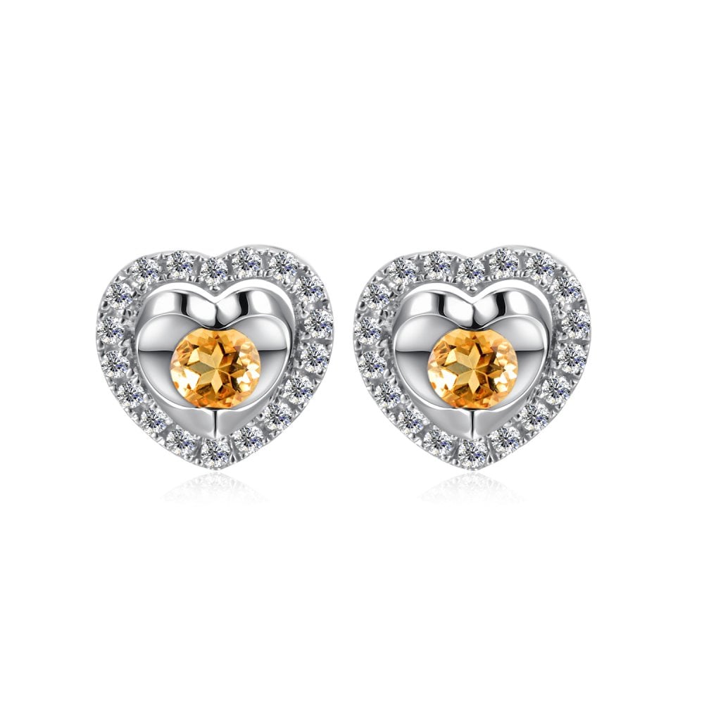 SPARKLD 9ct White Gold Diamond and Citrine Heart Stud Earrings