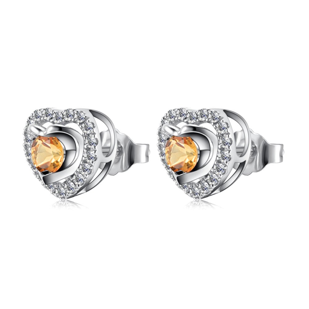 SPARKLD 9ct White Gold Diamond and Citrine Heart Stud Earrings