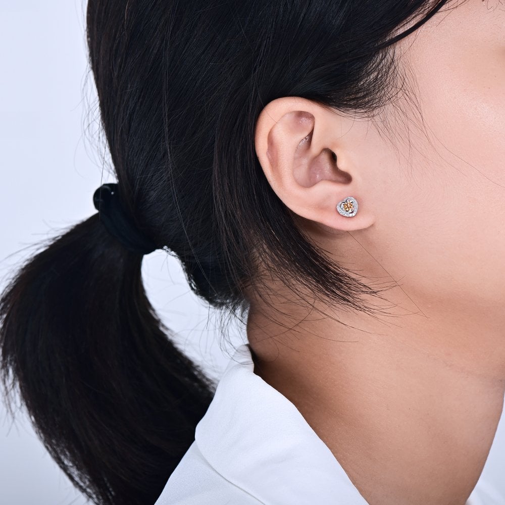 SPARKLD 9ct White Gold Diamond and Citrine Heart Stud Earrings