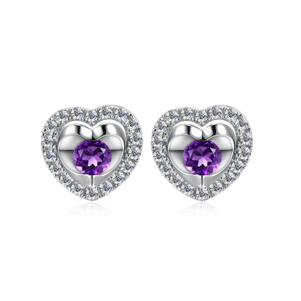 SPARKLD 9ct White Gold Diamond and Amethyst Heart Stud Earrings
