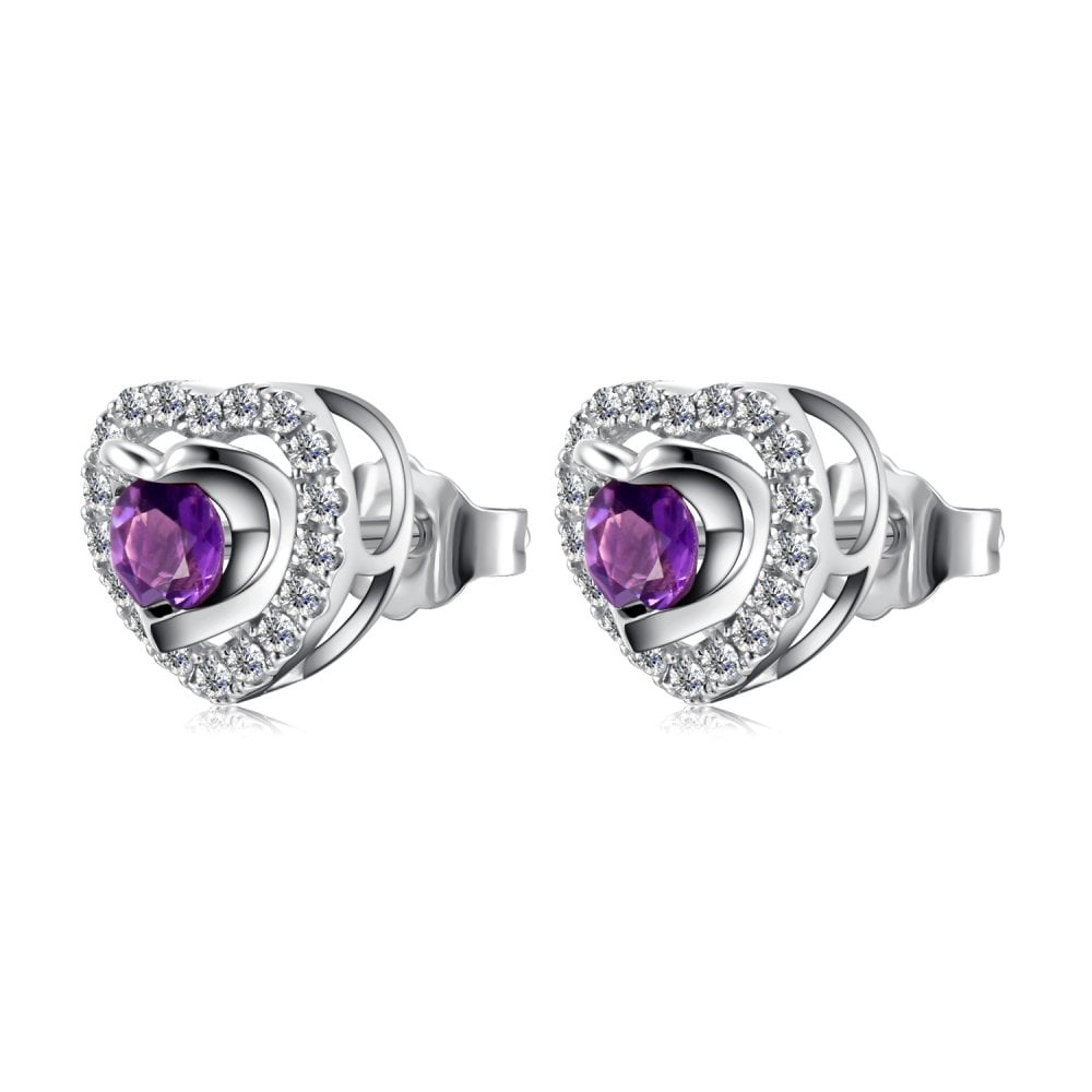 SPARKLD 9ct White Gold Diamond and Amethyst Heart Stud Earrings
