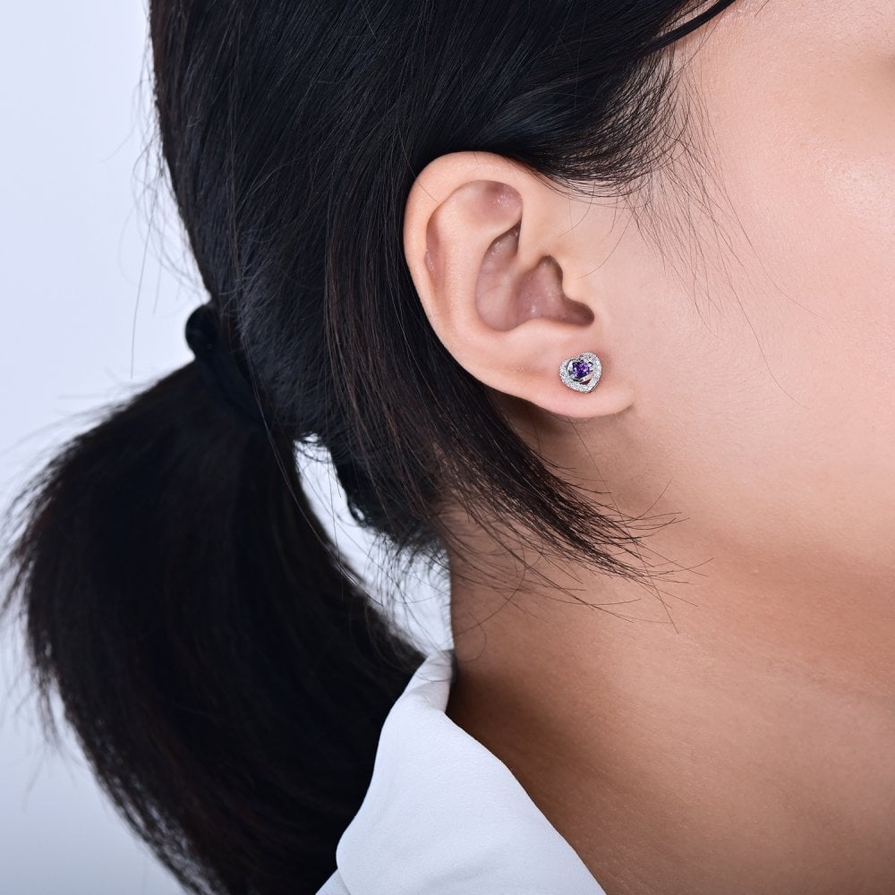 SPARKLD 9ct White Gold Diamond and Amethyst Heart Stud Earrings