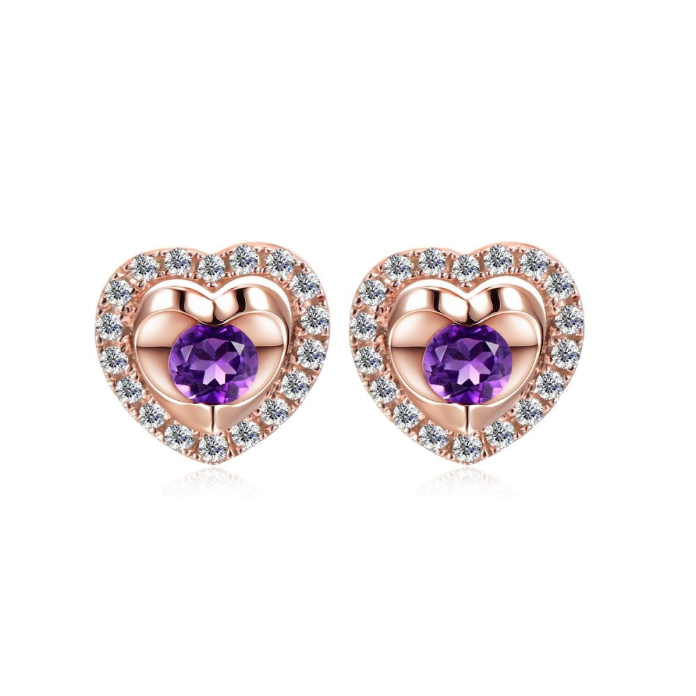 SPARKLD 9ct Rose Gold Diamond and Amethyst Heart Stud Earrings