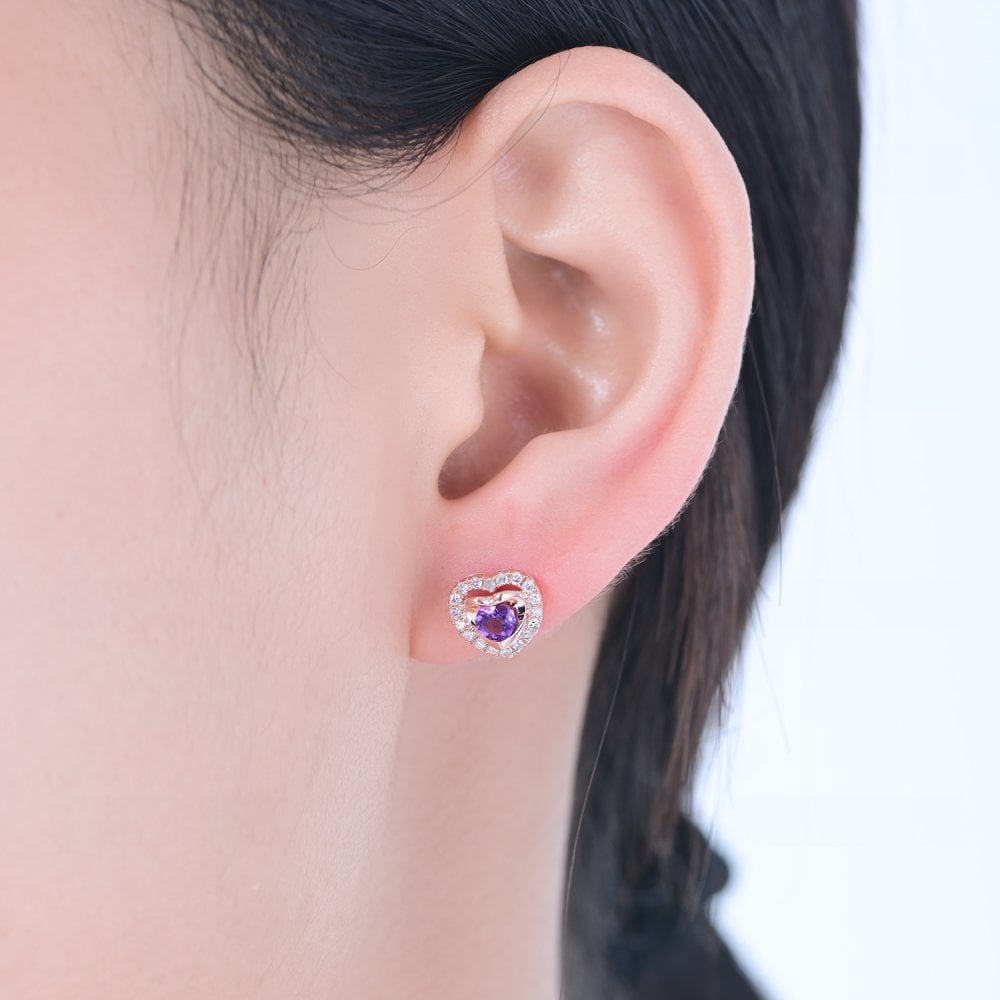 SPARKLD 9ct Rose Gold Diamond and Amethyst Heart Stud Earrings