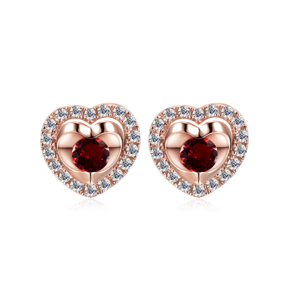 SPARKLD 9ct Rose Gold Diamond and Garnet Heart Stud Earrings