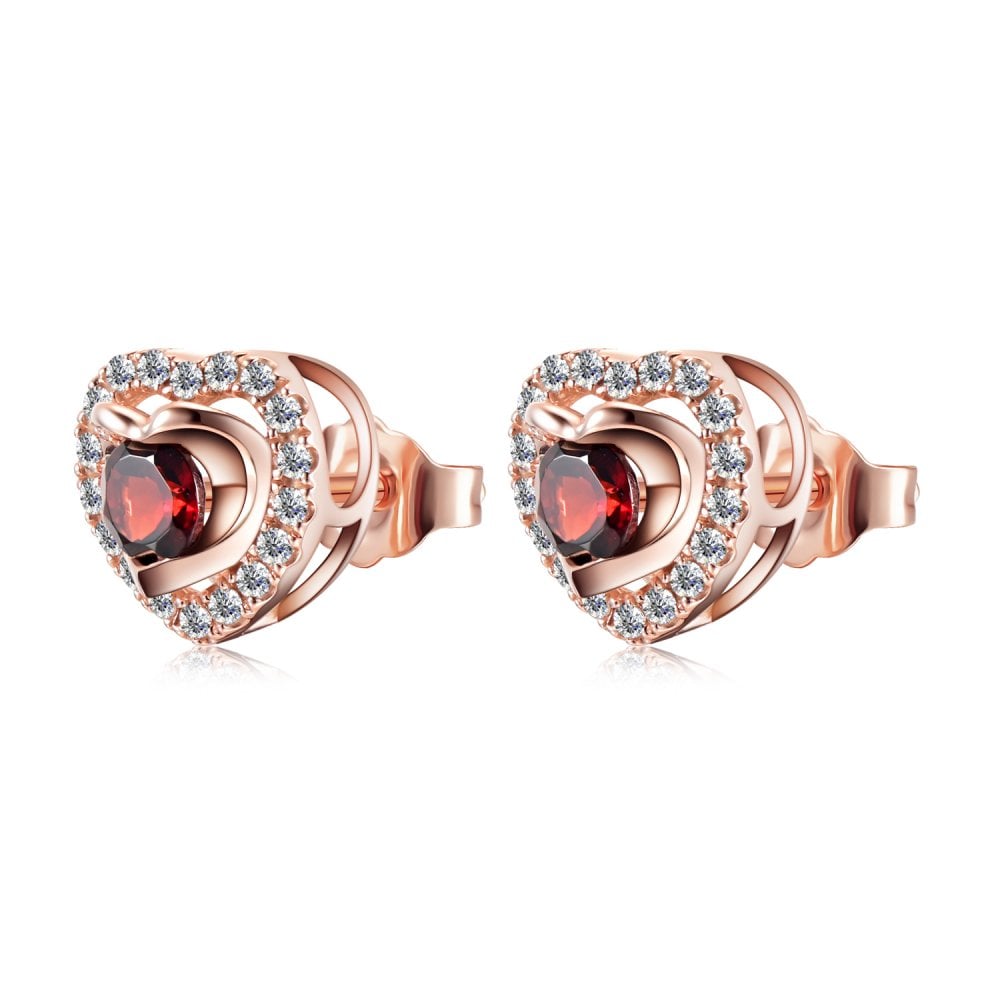SPARKLD 9ct Rose Gold Diamond and Garnet Heart Stud Earrings