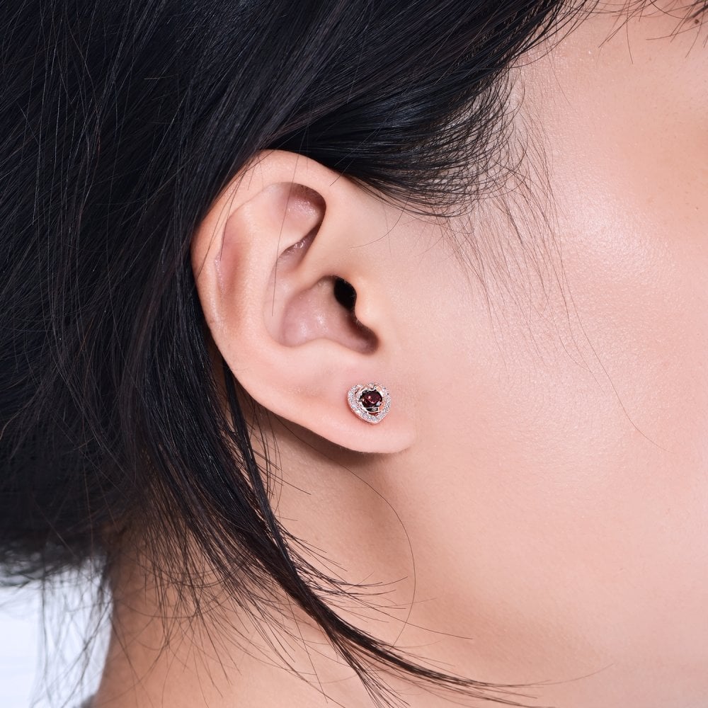 SPARKLD 9ct Rose Gold Diamond and Garnet Heart Stud Earrings