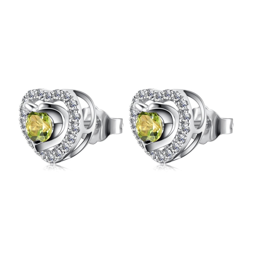 SPARKLD 9ct White Gold Diamond and Peridot Heart Stud Earrings