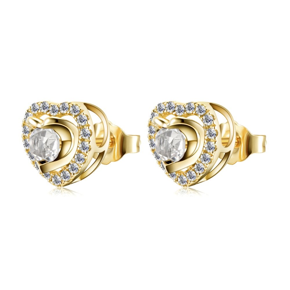 SPARKLD 9ct Yellow Gold Diamond and White Topaz Heart Stud Earrings