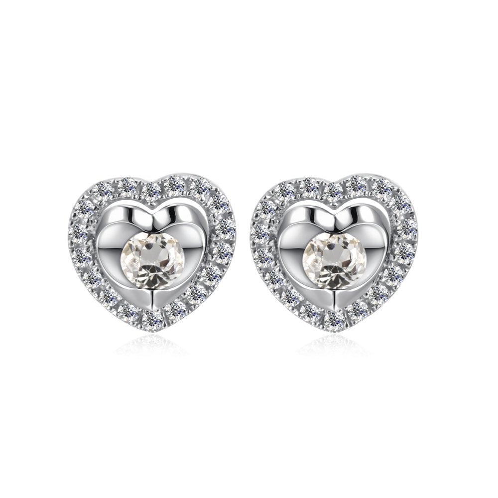 SPARKLD 9ct White Gold Diamond and White Topaz Heart Stud Earrings