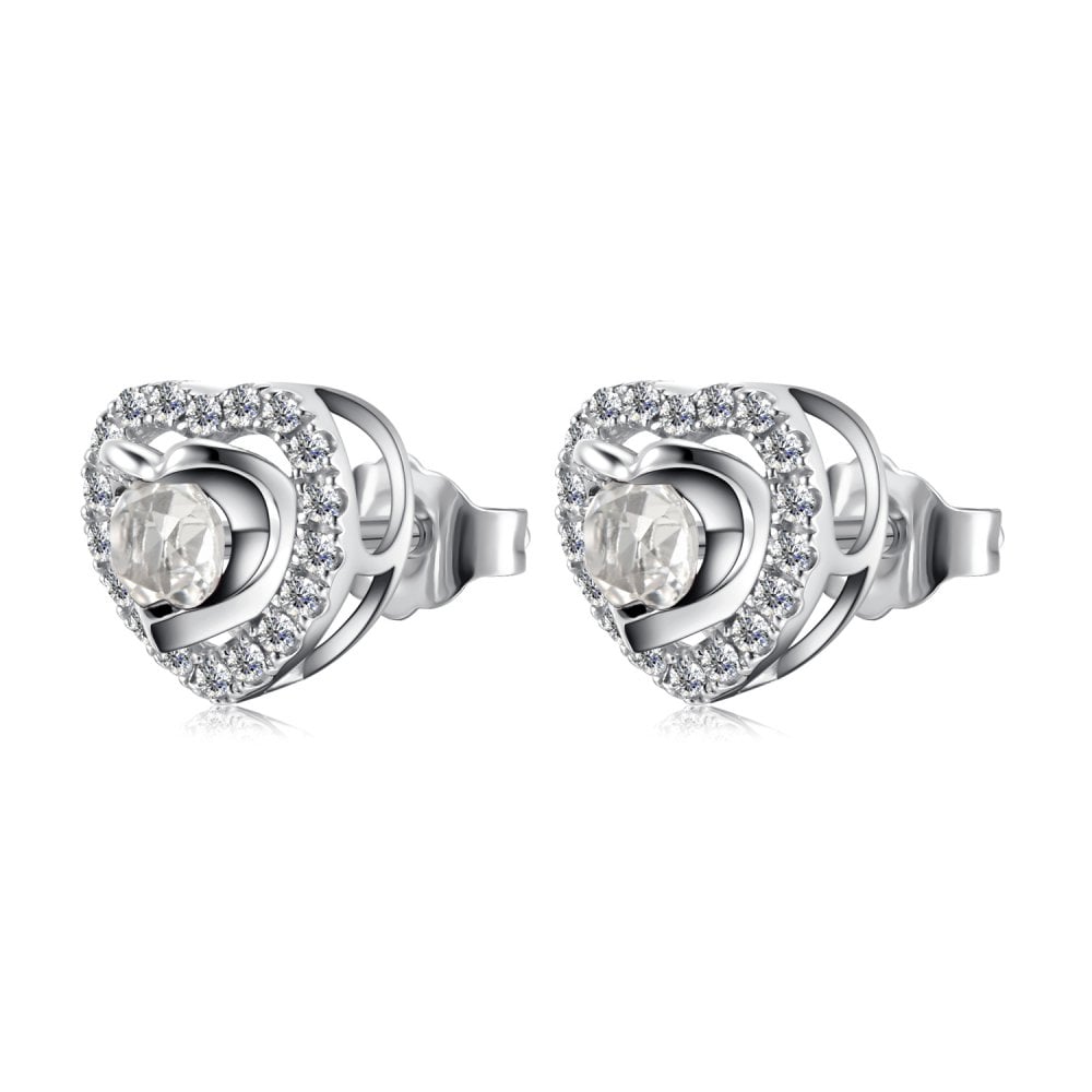 SPARKLD 9ct White Gold Diamond and White Topaz Heart Stud Earrings
