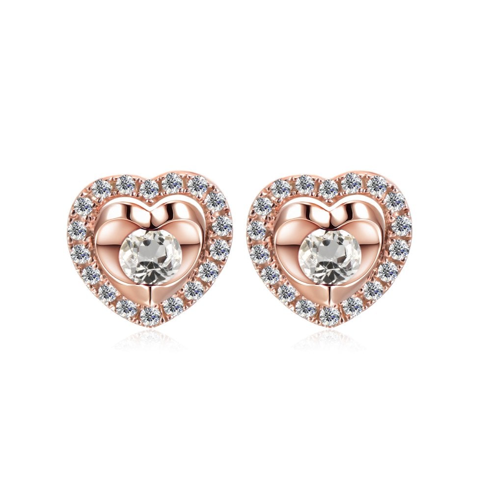 SPARKLD 9ct Rose Gold Diamond and White Topaz Heart Stud Earrings